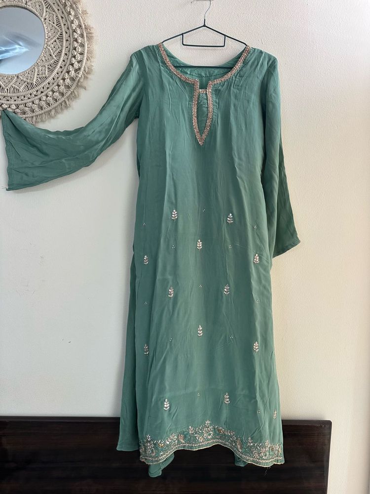 Seafoam Green zardozi work frock suit pallazo set