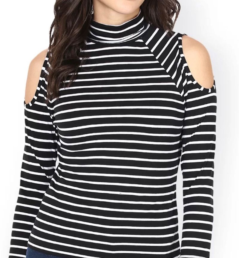 Black &amp; White Striped Cold-Shoulder Top