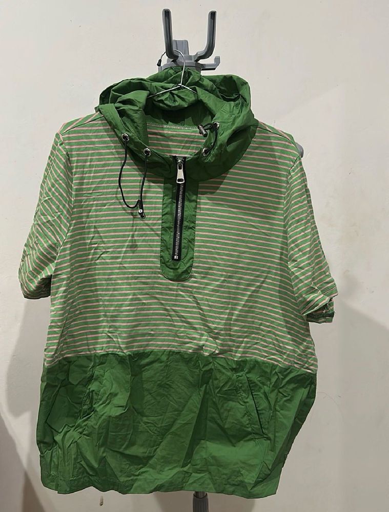 Green Striped Hooded Short Sleeve Top