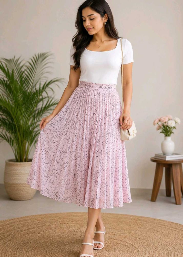 Chic Pink Dotted Pleated Skirt