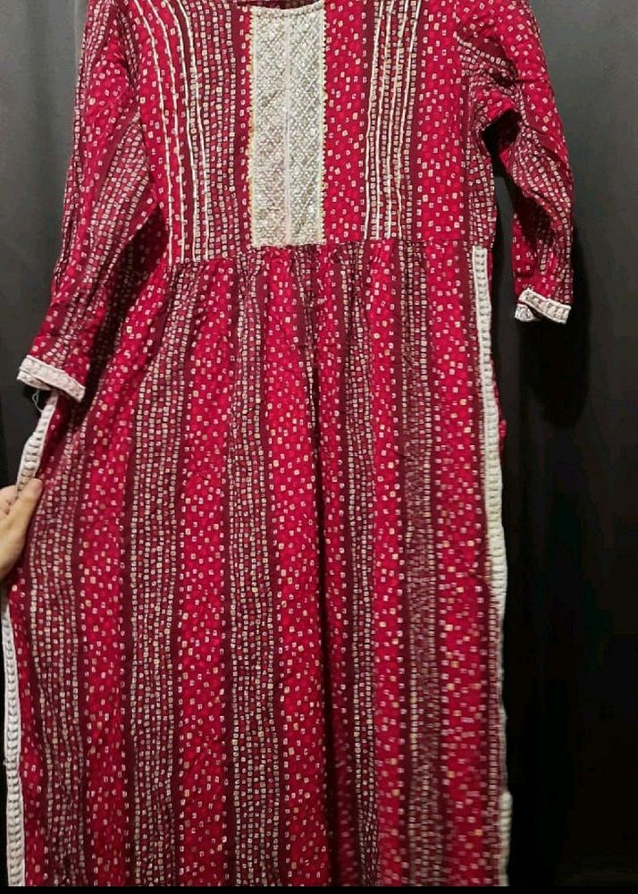 Red Bandhani Naira Cut Kurta