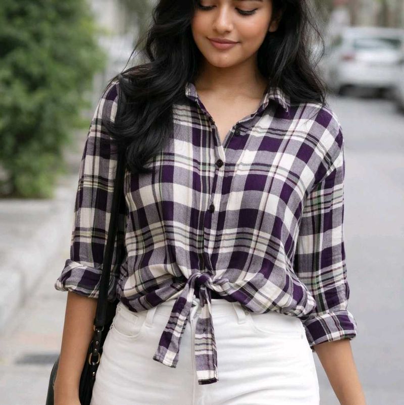 Purple Plaid Tie-Front Shirt