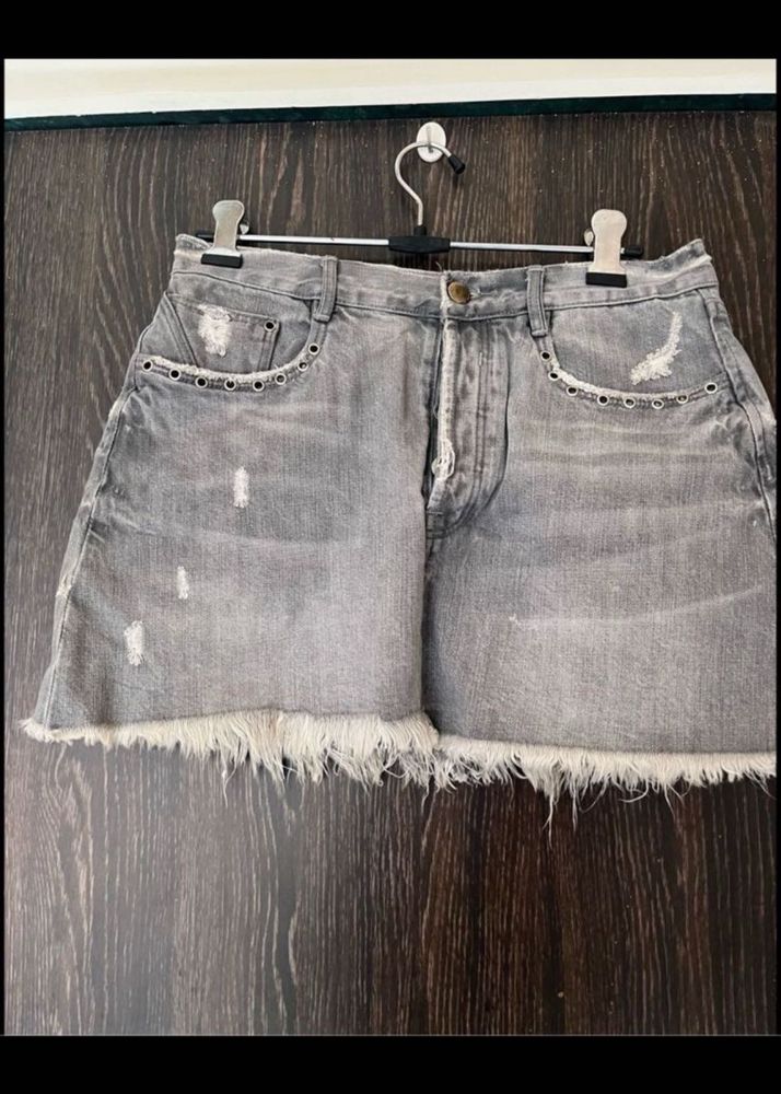 Grey Distressed Denim Skirt
