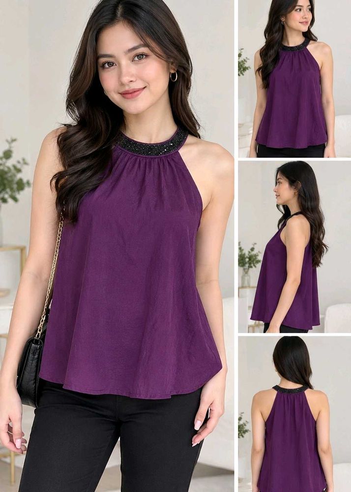 🇹🇭Purple Halter Neck Embellished Top