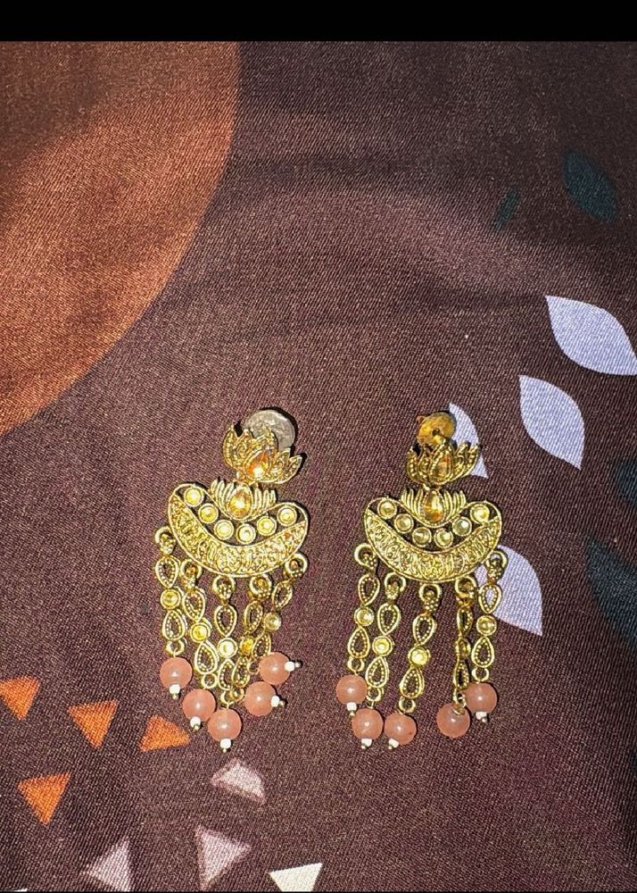 Elegant Gold &amp; Peach Dangle Earrings