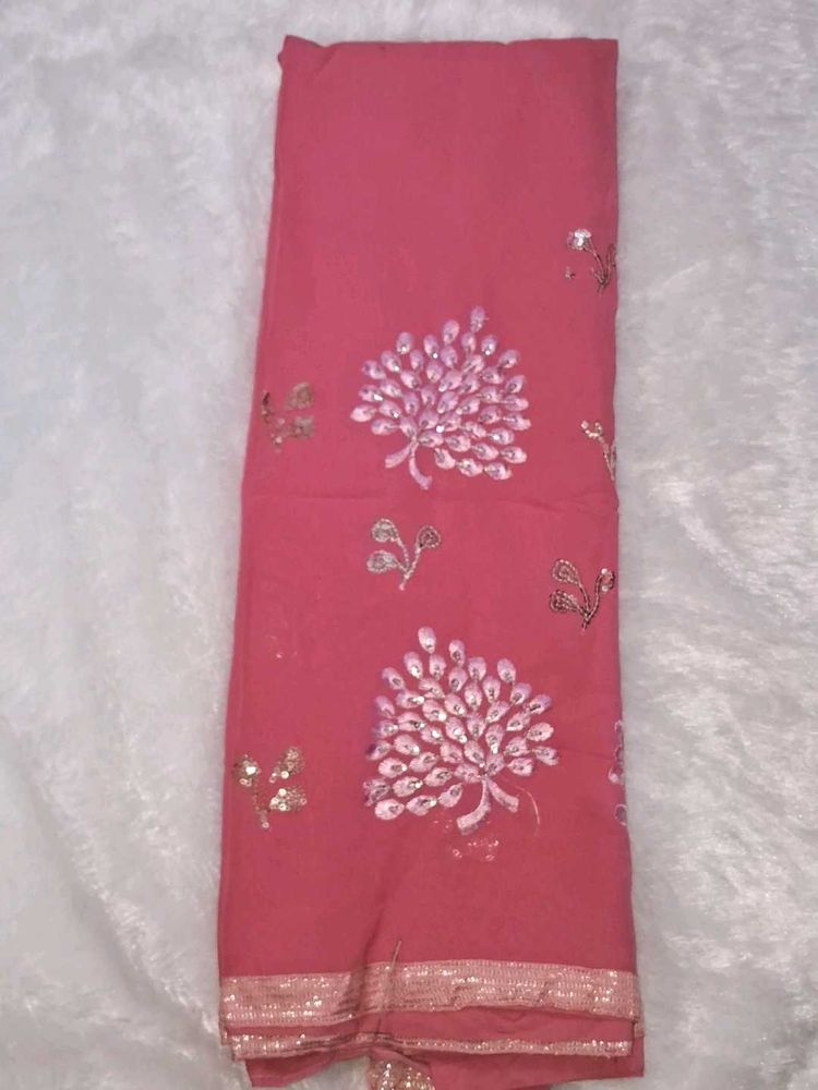 Beautiful Pink Embroidered Saree without blouse
