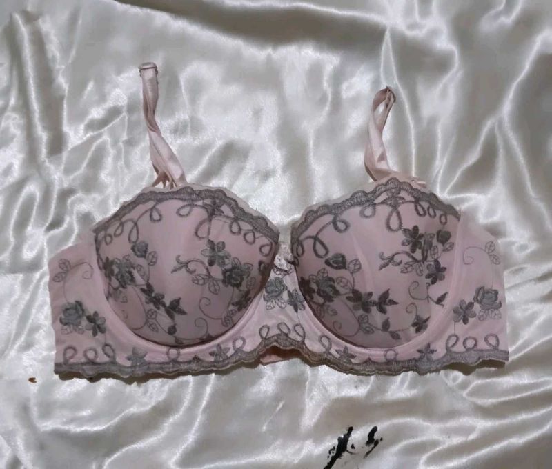 Elegant Pink Embroidered Bra