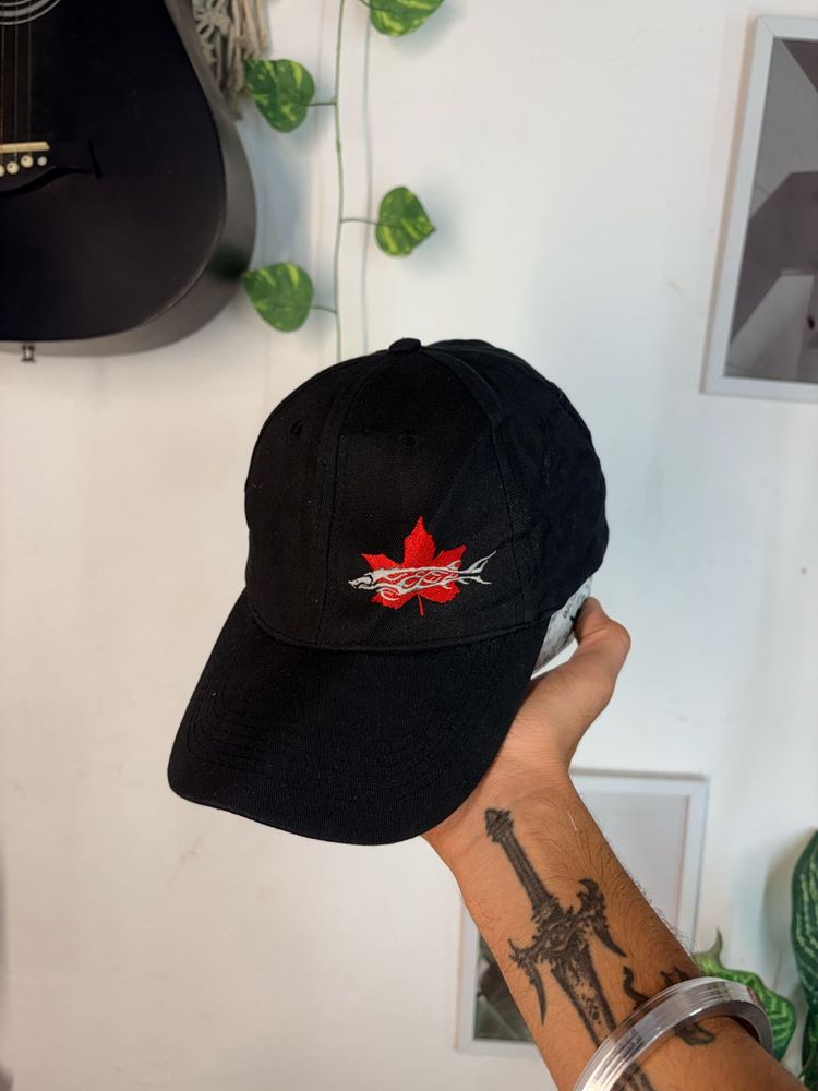 Black Baseball Cap with Red Maple Leaf