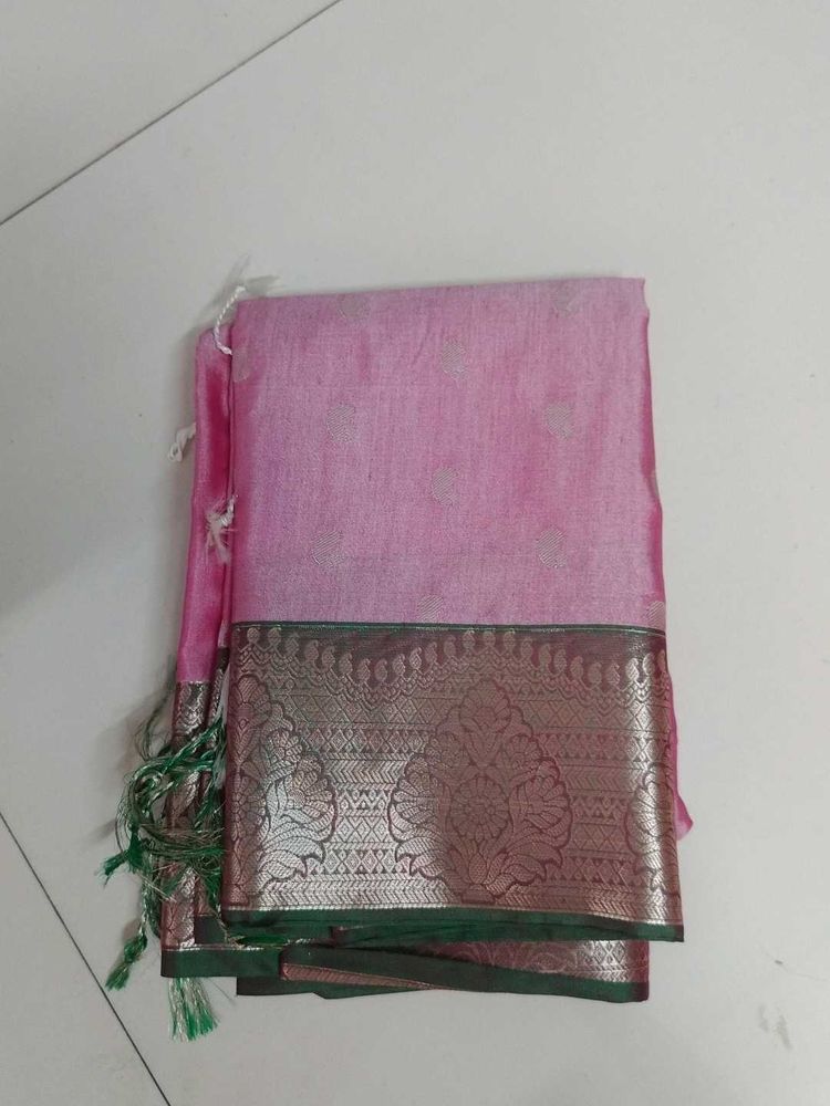 Beautiful Pink Saree with Silver Border