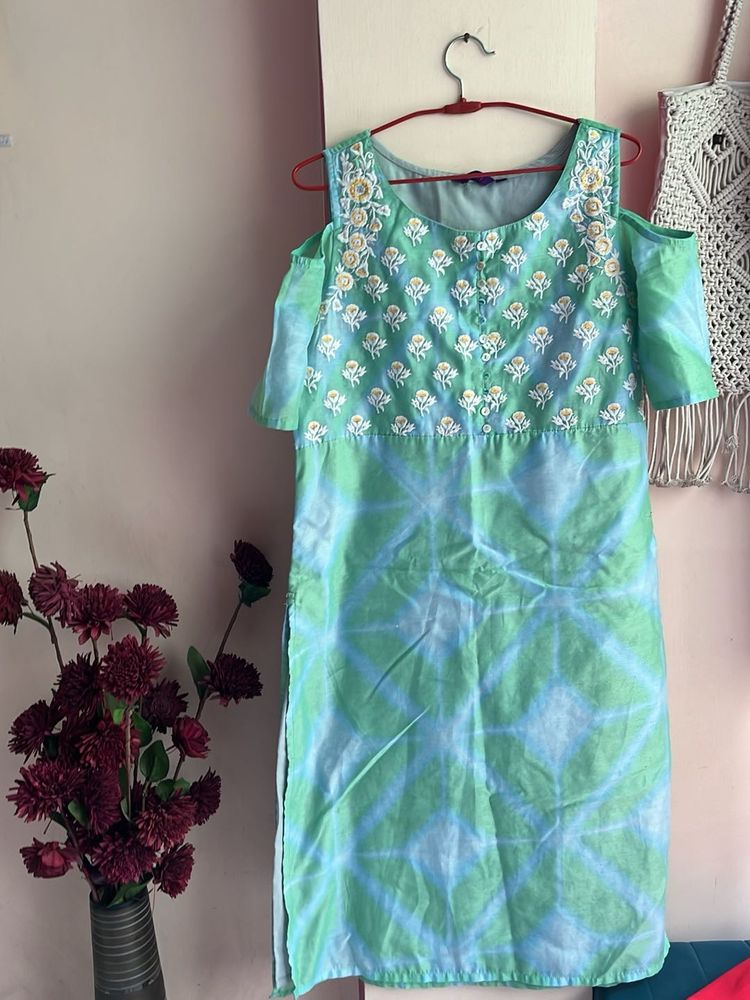 Green &amp; Blue Tie-Dye Cold Shoulder Kurta