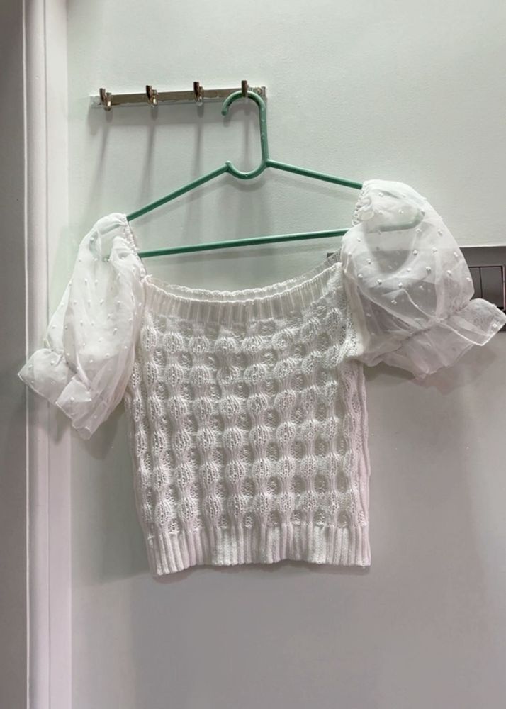 Chrochet White Puff Sleeve Knit Top