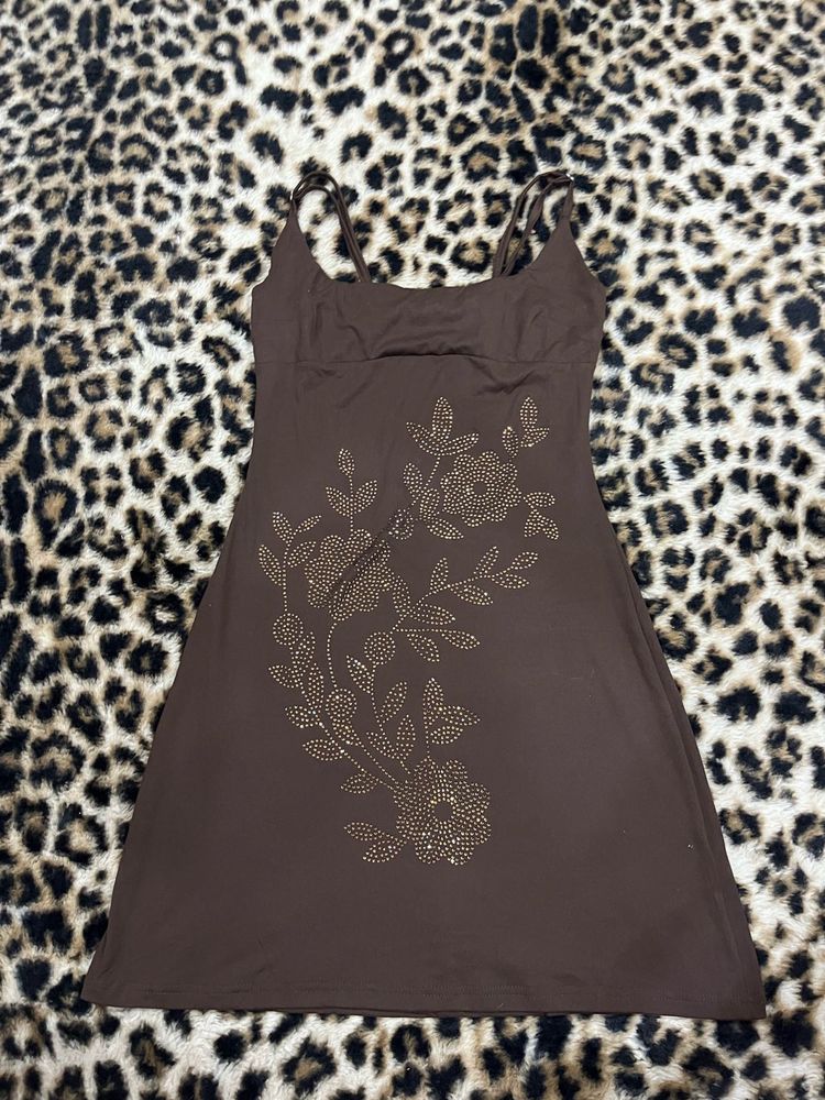 Brown Embellished Mini Dress