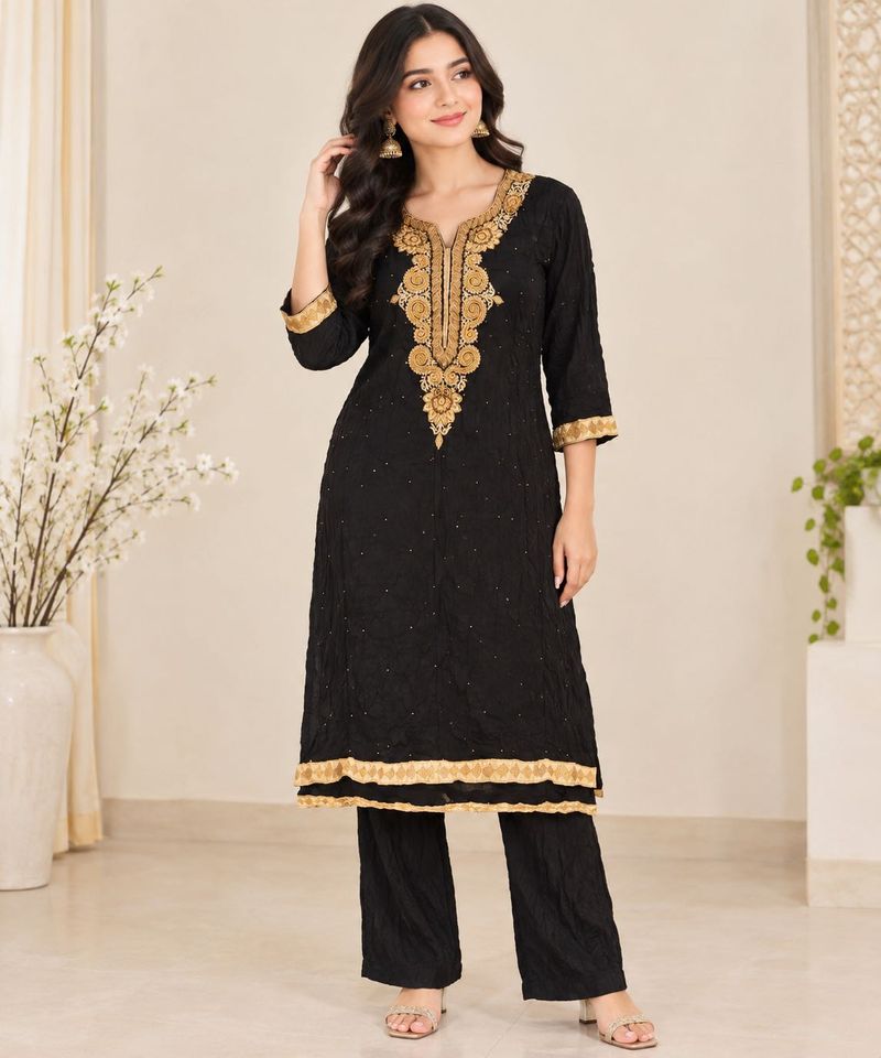 Elegant Black Kurta Set with Gold Embroidery