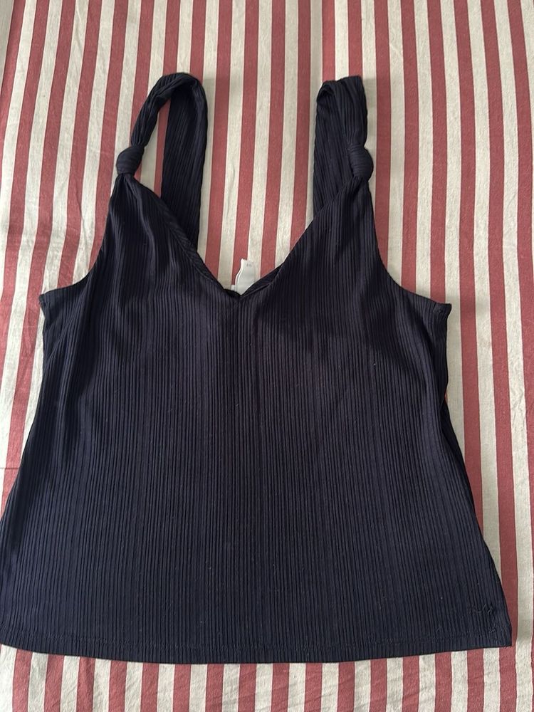 Navy Blue Ribbed Tank Top with Knot Straps