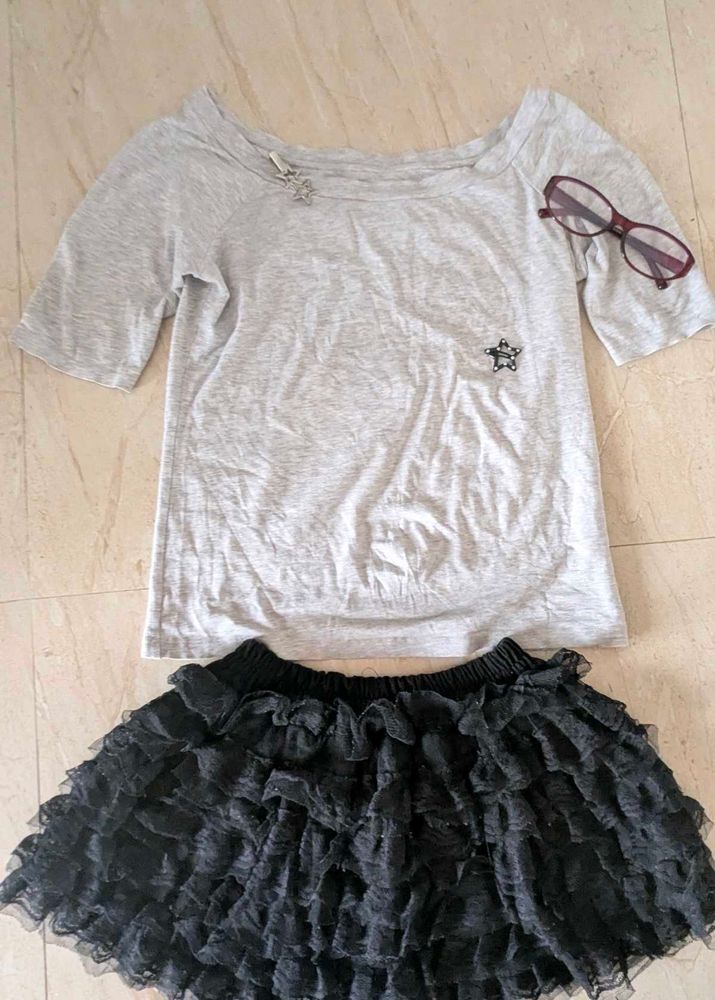 Gray Top and Black Tutu Skirt Set