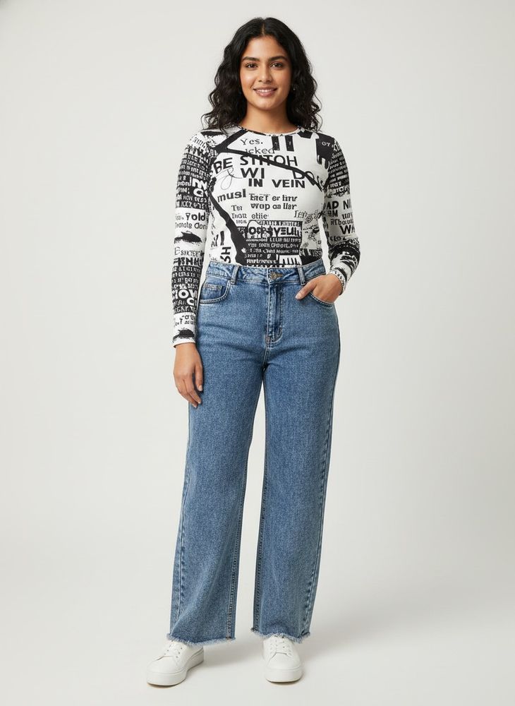 Graphic Print Top &amp; Acid Wash Jeans Set