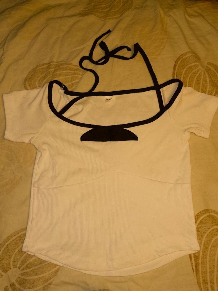 Women's White Cropped Top with Black Trim