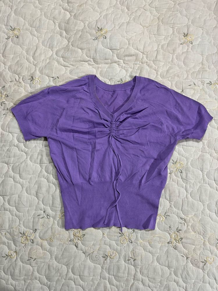 Purple Ruched V-Neck Top