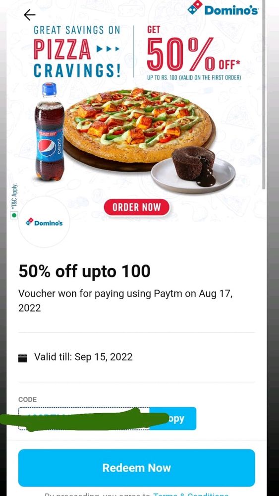 50% off upto 100 on Domino's