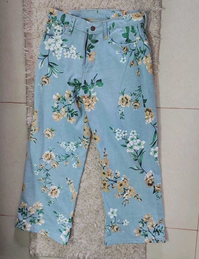 Blue Floral Print Wide Leg Pants