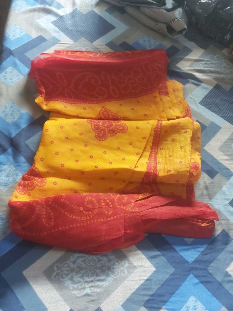 Vibrant Yellow &amp; Red Bandhani Saree