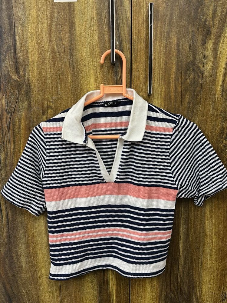 Striped Cropped Polo T-Shirt