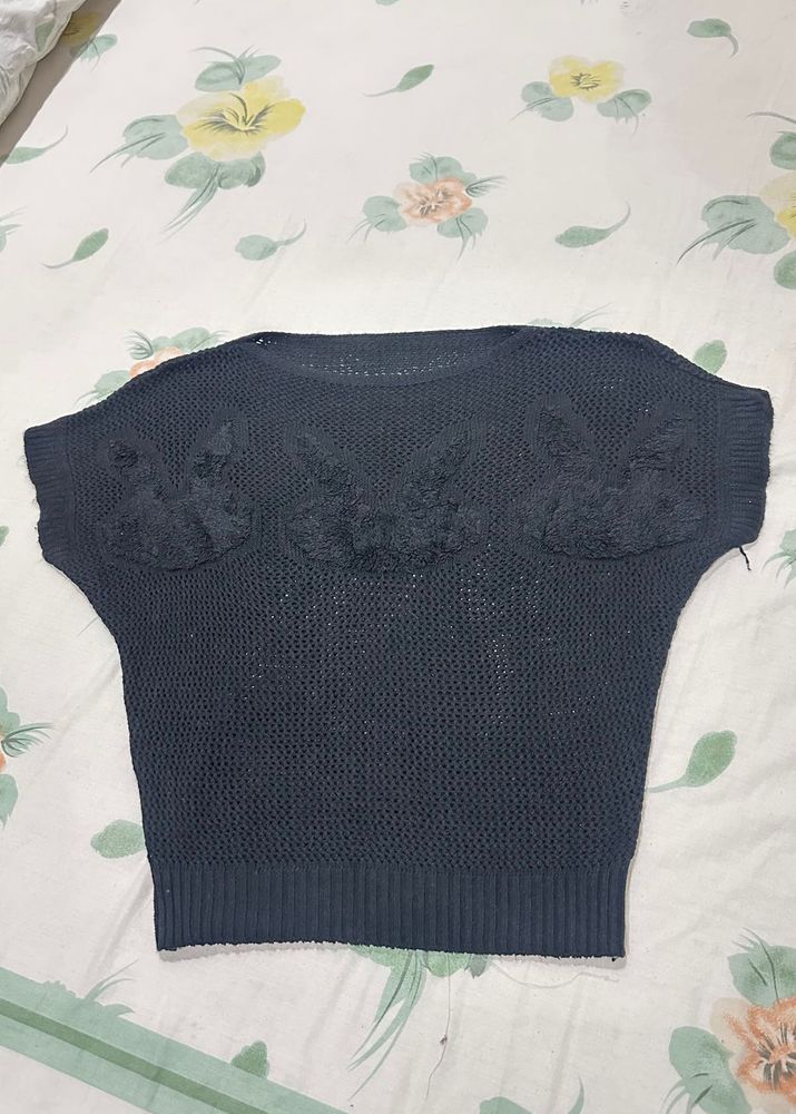 New Black Knit Top with Floral Detail
