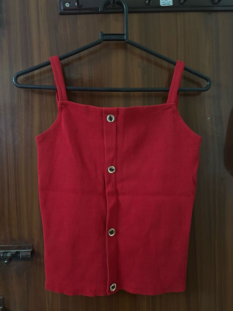 Red Button-Front Ribbed Crop Top