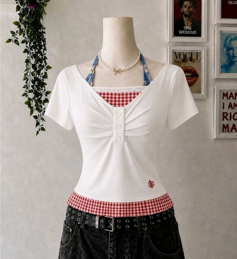 Savana White T-Shirt with Gingham Trim