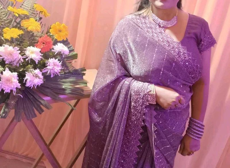 Sparkling Lavender Saree with Embellishments