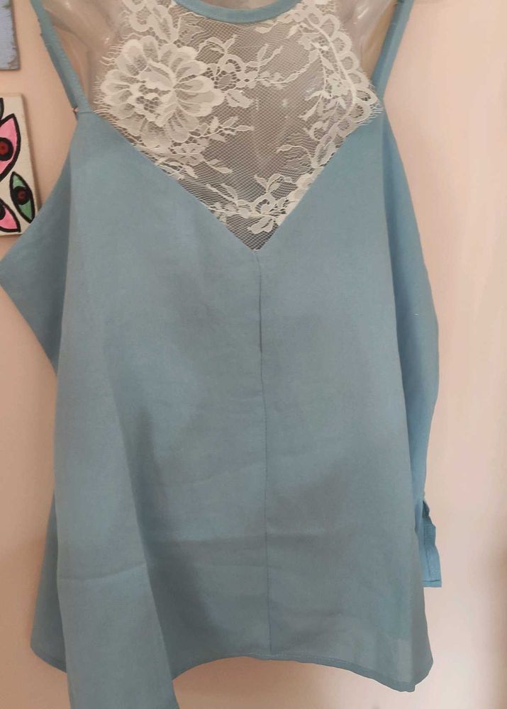Blue Tank Top with Lace Detail