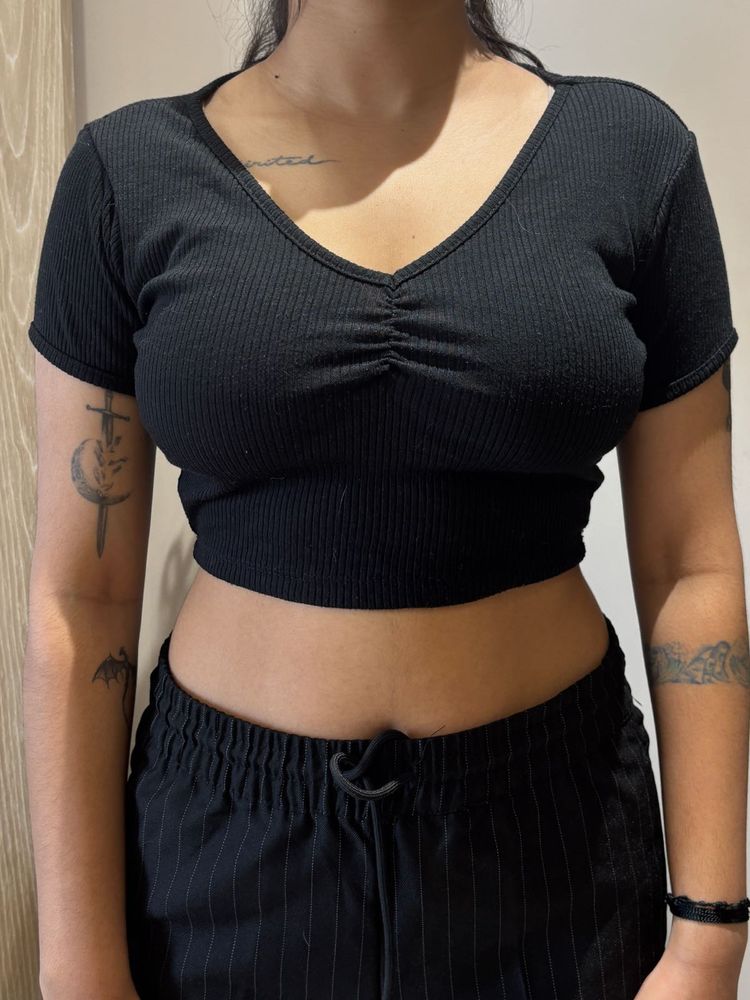 Black Ruched V-Neck Crop Top