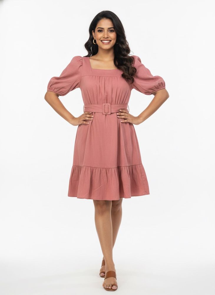 Puff Sleeve Square Neck Belted Dress