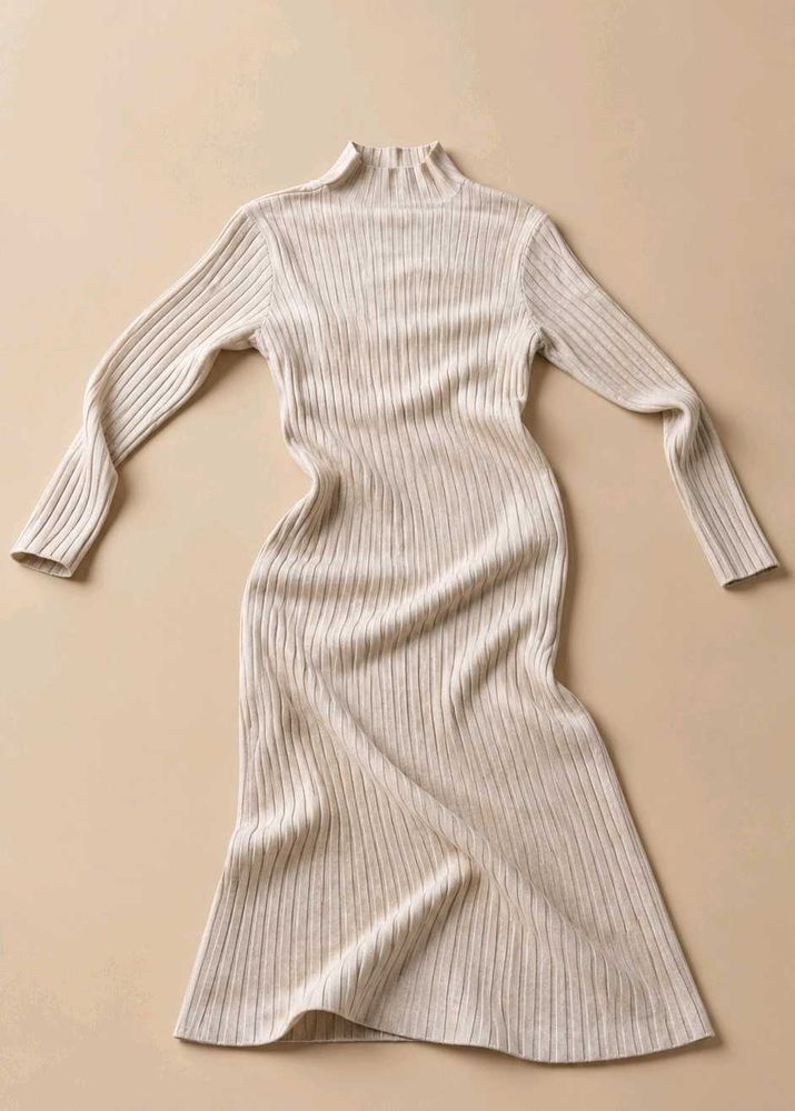 CREAM RIBBED MOCK NECK BODYCON DRESS