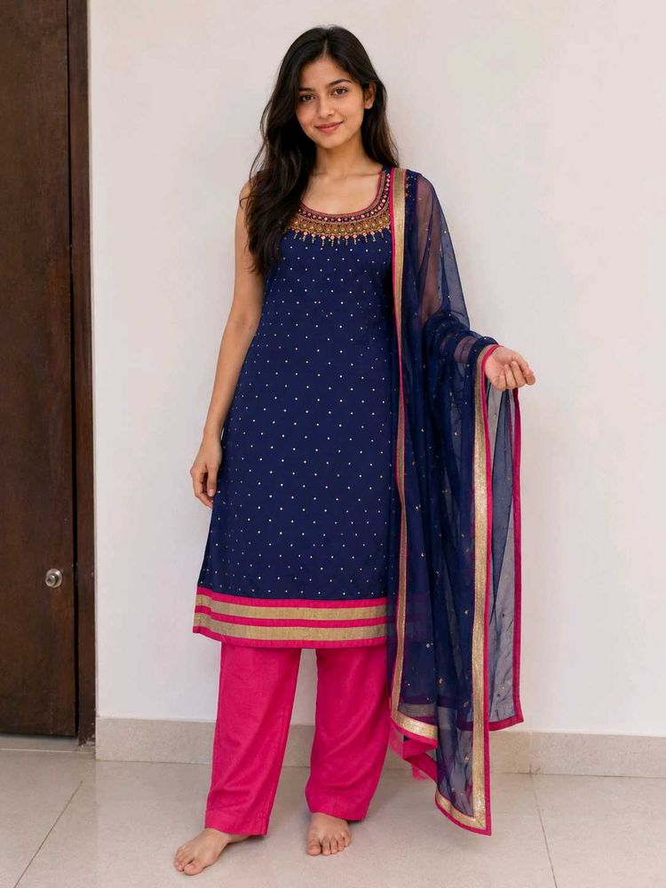 Elegant Blue Kurta Set with Pink Dupatta
