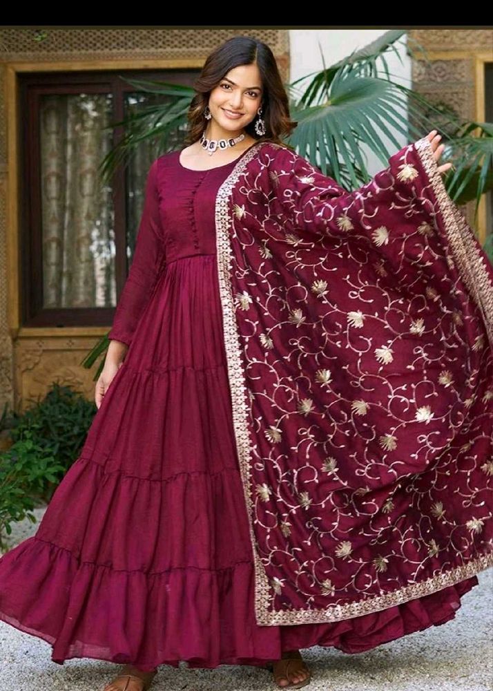 New Elegant Maroon Anarkali with Dupatta