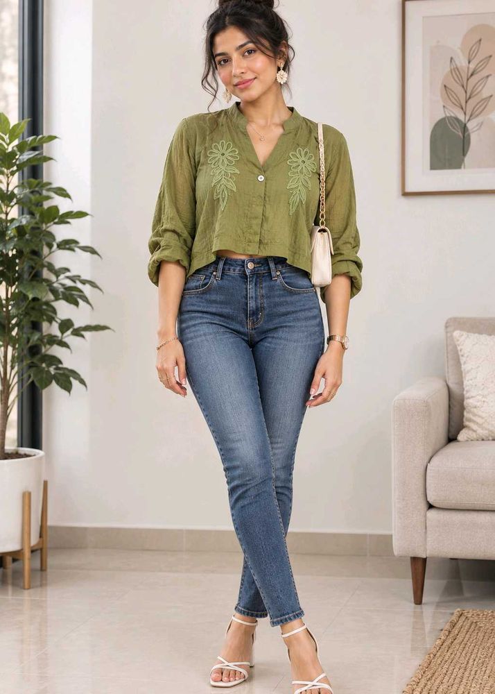 Green Cropped Embroidered Button-Up Shirt