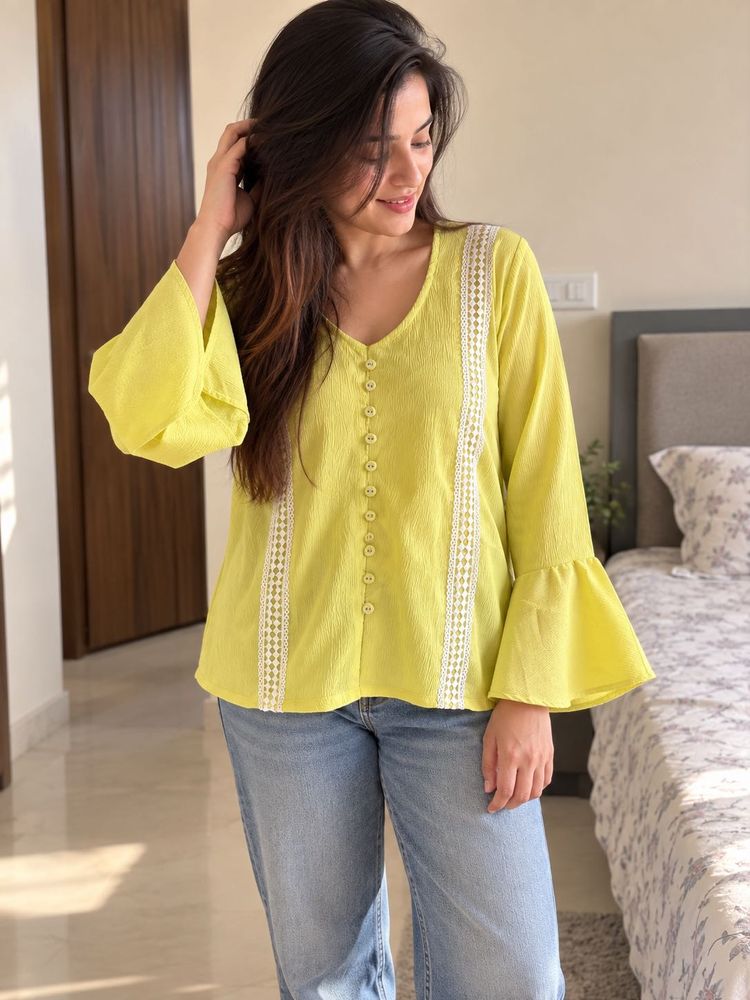 Chic Yellow Bell Sleeve Top with Lace Detail