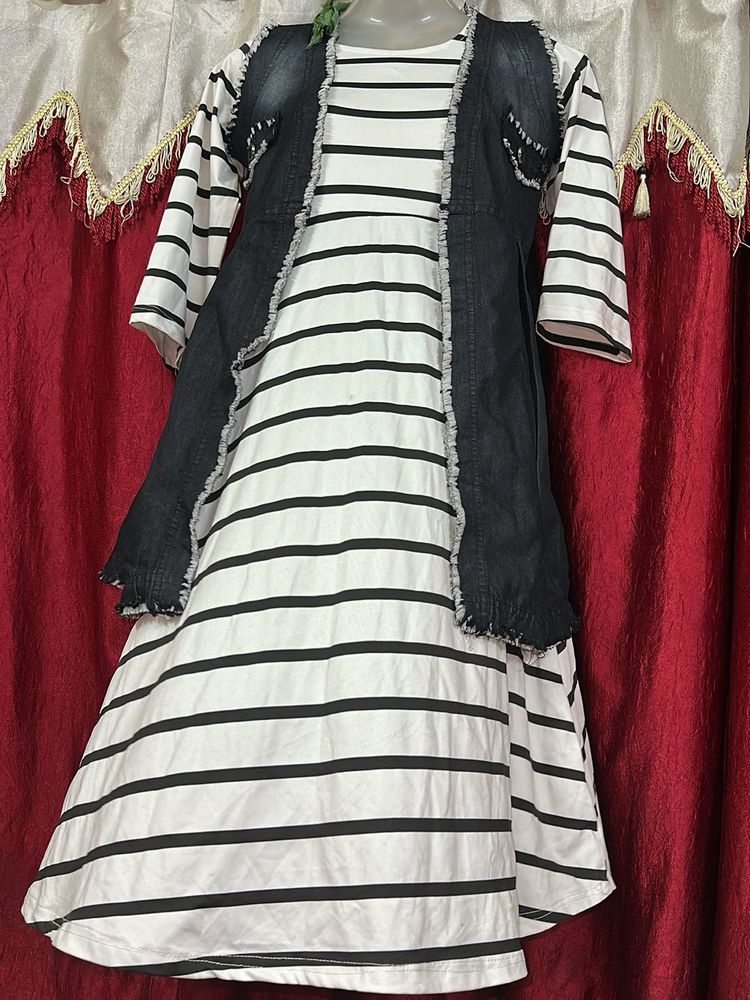 Striped Dress with Denim Shrug