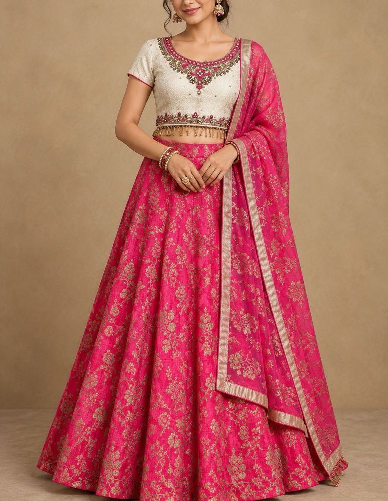 Elegant Pink &amp; White Embroidered Lehenga Choli