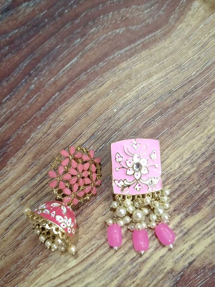 Pink Jhumka Earrings combo with Pearls