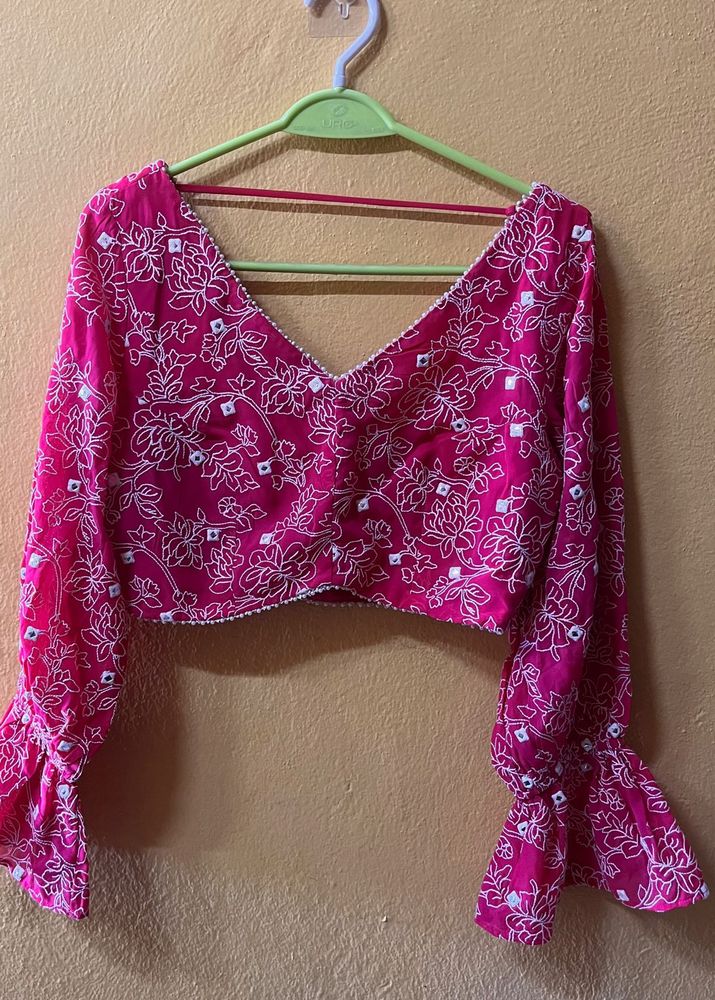 Vibrant Pink Floral Blouse &amp; ready made saree