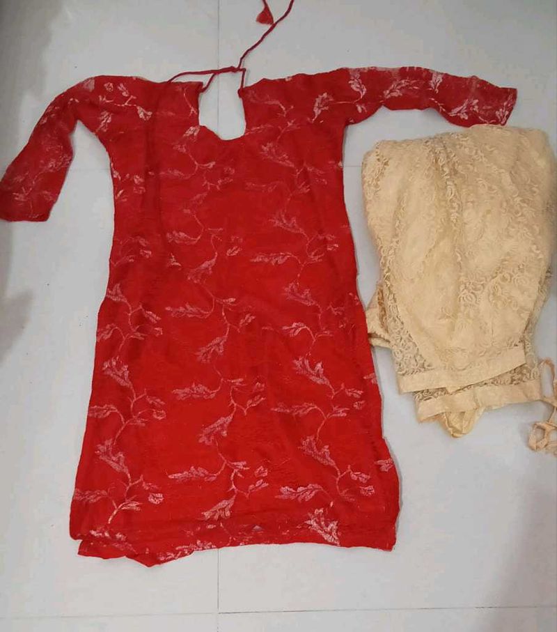 Red Kurta with Beige Pants