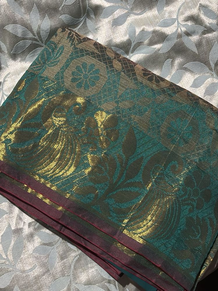 trendy Teal &amp; Gold Silk Saree