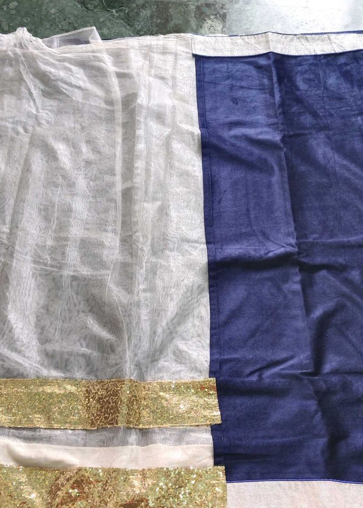 White and Blue saree with Gold detailing
