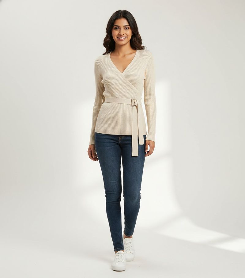 Ribbed Wrap-Style Long Sleeve Top
