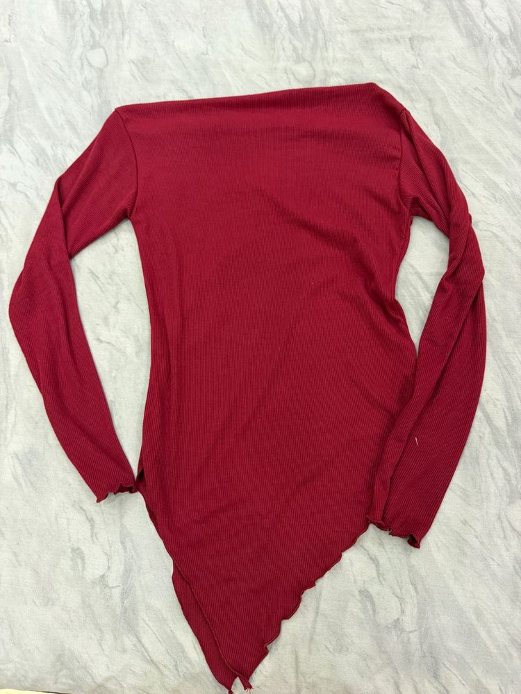 Chic Red Asymmetrical Long Sleeve Top
