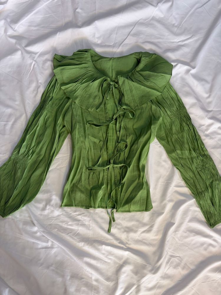 Vibrant Green Ruffle Neck Blouse