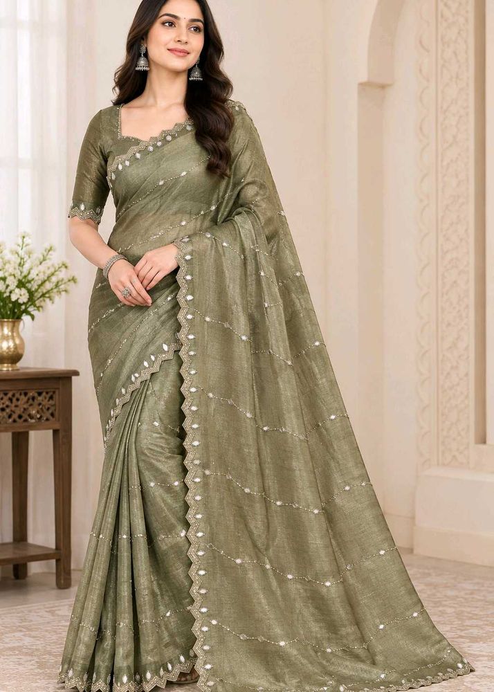Elegant Olive Green Mirror Work Saree