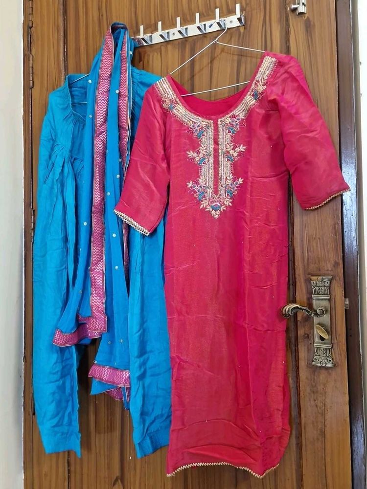 Beautiful Pink Embroidered Kurta with Blue Dupatta